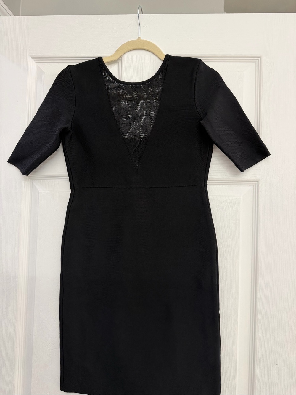 BCBGMaxAzria Black V-Neck Lace Inset Midi bodycon Dress
